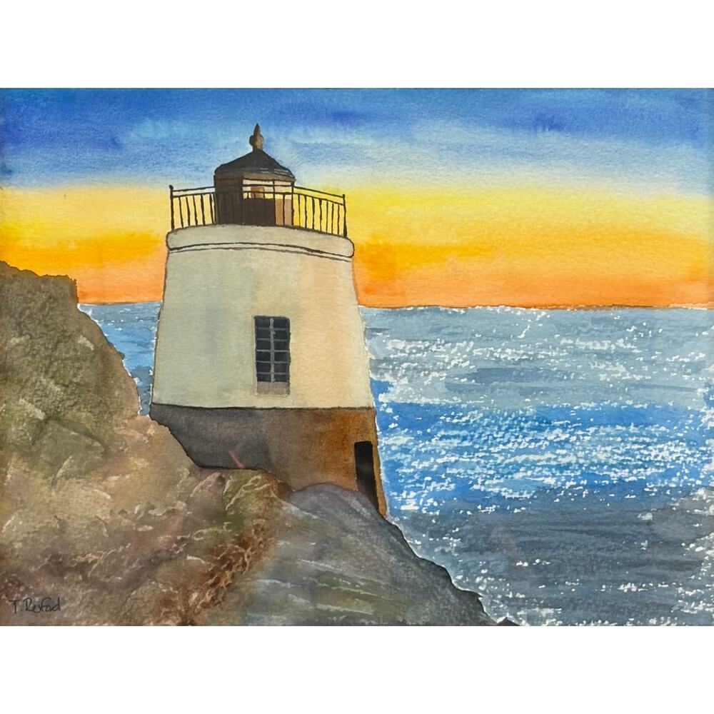 Hand painted watercolor original painting lighthouse, ocean, rocks